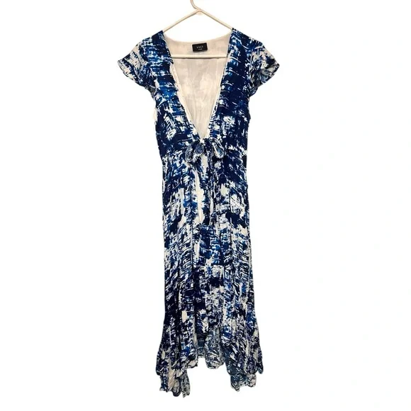 VICI Blue & White Asymmetrical Ruffle Front Tie Maxi Dress | Size Large - Picture 1 of 6
